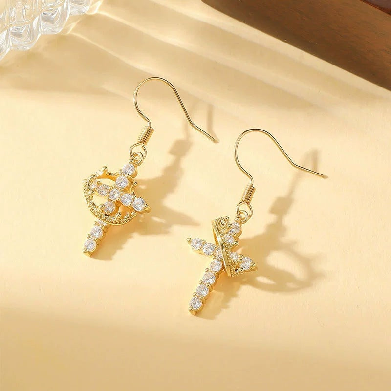 Gold Cross Earrings For Women Featuring Copper Studs And Rhinestone Inlay