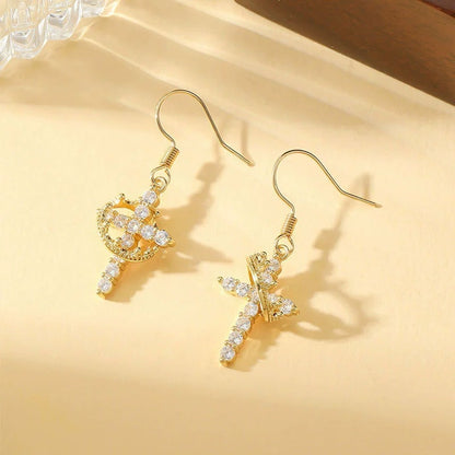 Gold Cross Earrings For Women Featuring Copper Studs And Rhinestone Inlay