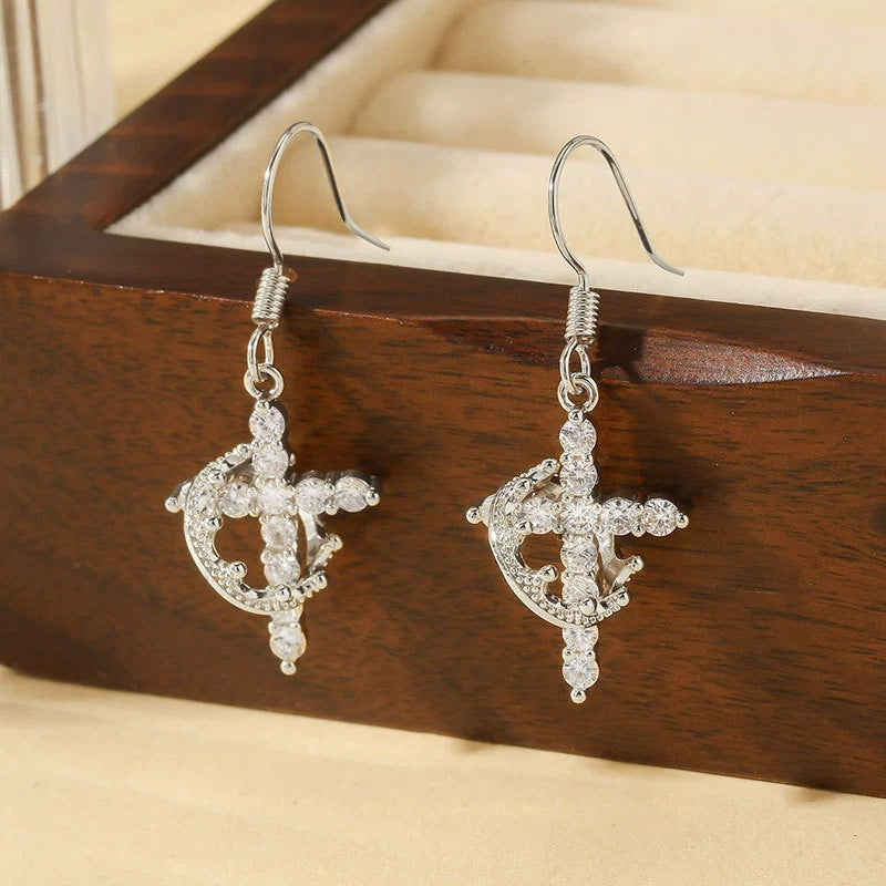 Gold Cross Earrings For Women Featuring Copper Studs And Rhinestone Inlay