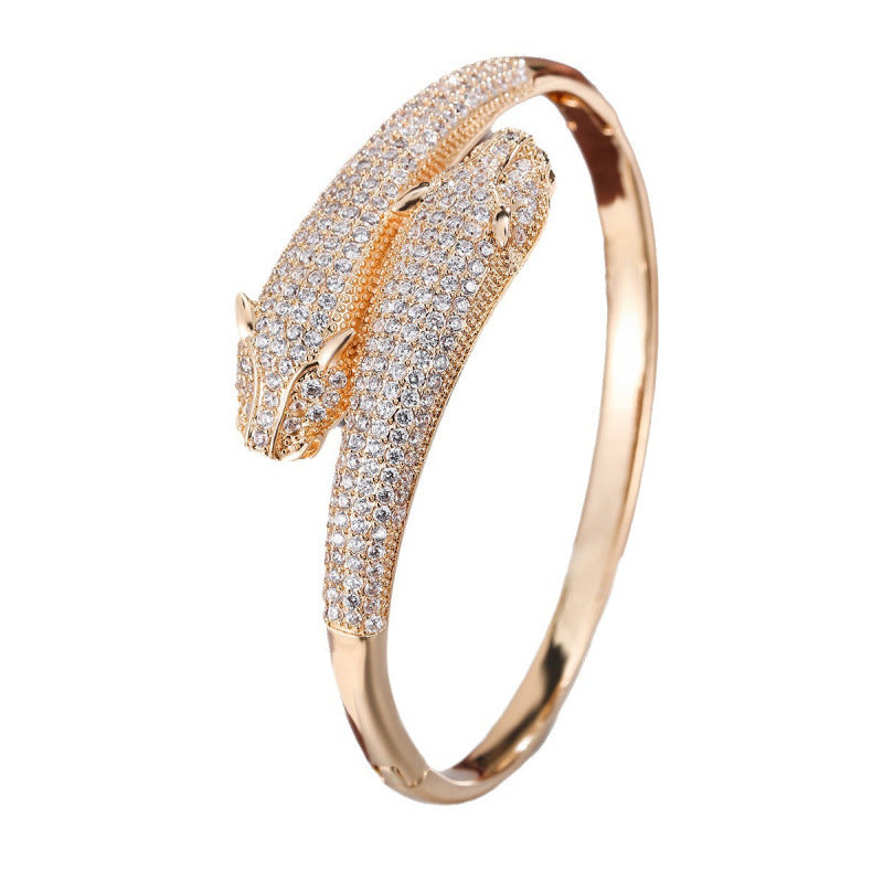 Animal Pattern Copper Bangle With Zircon Inlay, Electroplated Gold Plating, Elegant Gold Finish
