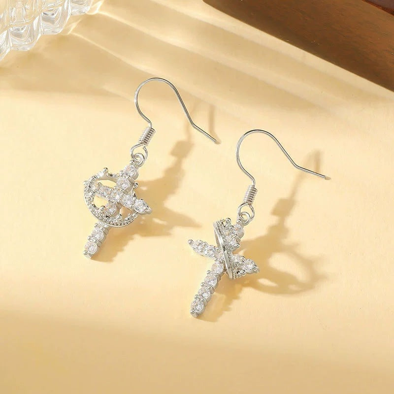 Gold Cross Earrings For Women Featuring Copper Studs And Rhinestone Inlay