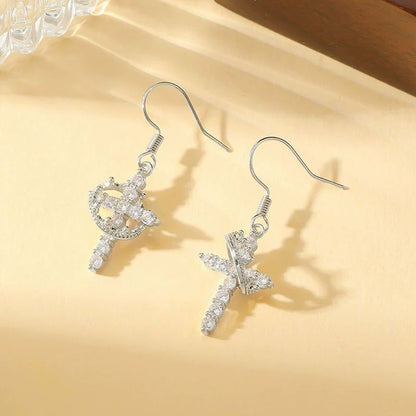 Gold Cross Earrings For Women Featuring Copper Studs And Rhinestone Inlay
