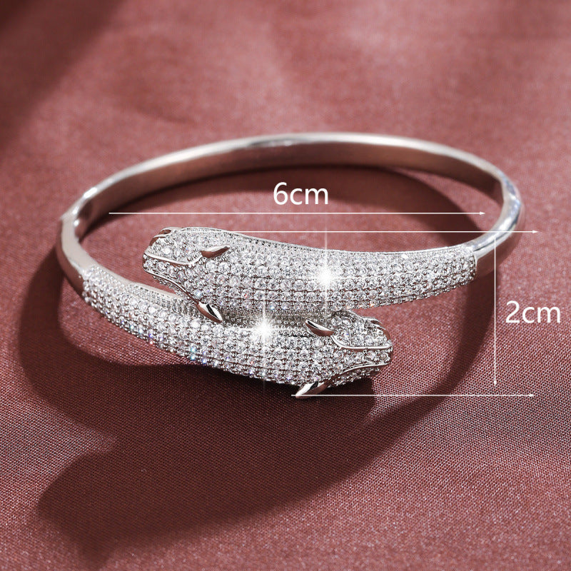 Animal Pattern Copper Bangle With Zircon Inlay, Electroplated Gold Plating, Elegant Gold Finish