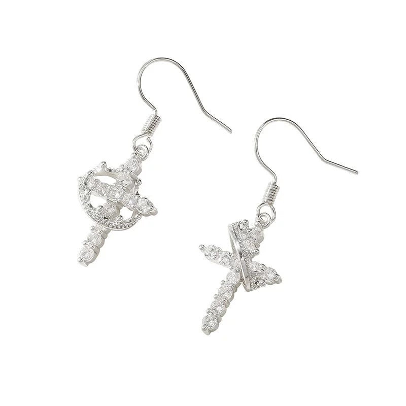 Gold Cross Earrings For Women Featuring Copper Studs And Rhinestone Inlay