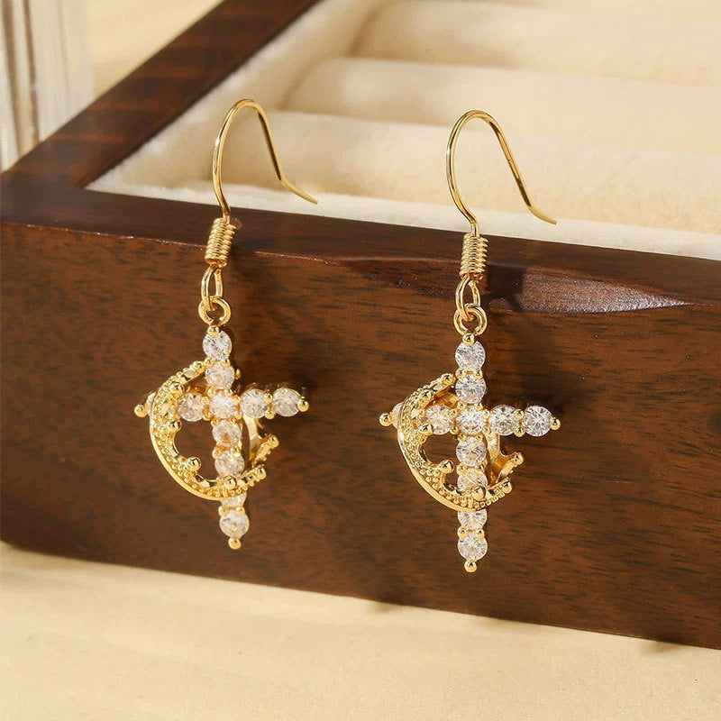 Gold Cross Earrings For Women Featuring Copper Studs And Rhinestone Inlay