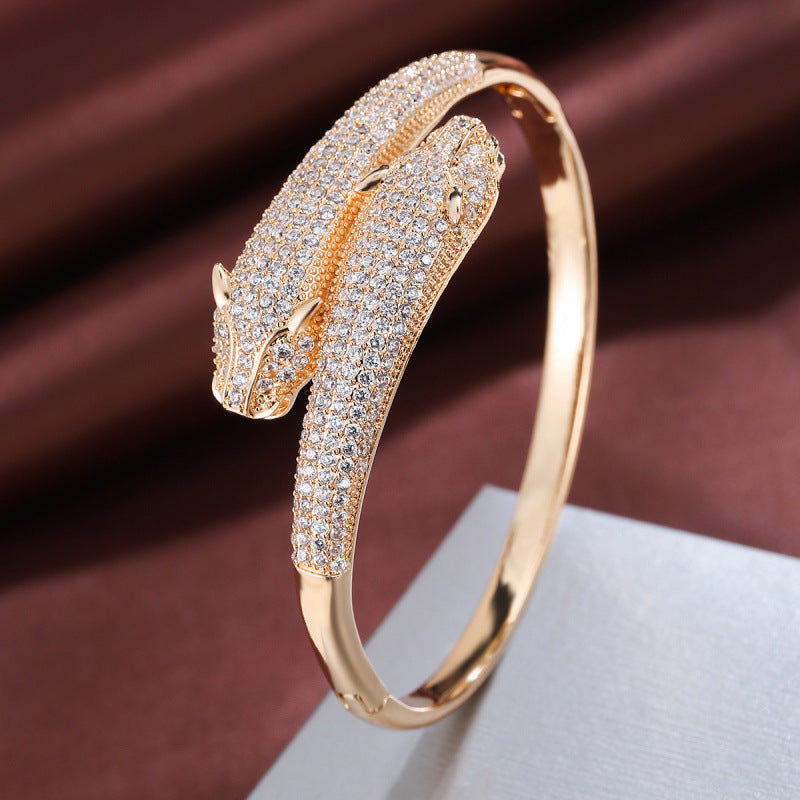 Animal Pattern Copper Bangle With Zircon Inlay, Electroplated Gold Plating, Elegant Gold Finish