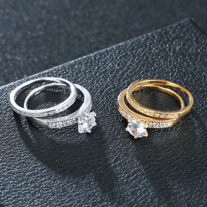 Geometric Couple Rings In Simple Style, Copper With Golden Electroplated Finish And Zircon Inlay