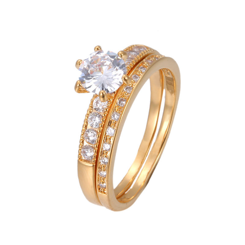 Geometric Couple Rings In Simple Style, Copper With Golden Electroplated Finish And Zircon Inlay