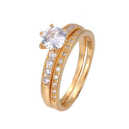 Geometric Couple Rings In Simple Style, Copper With Golden Electroplated Finish And Zircon Inlay