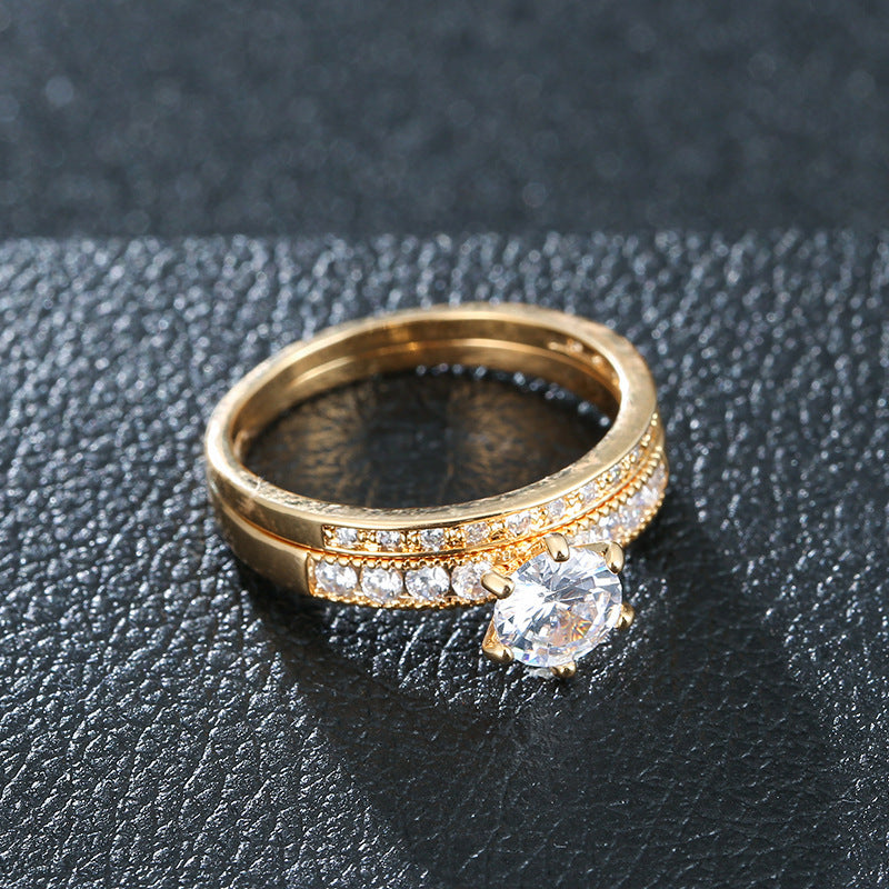 Geometric Couple Rings In Simple Style, Copper With Golden Electroplated Finish And Zircon Inlay