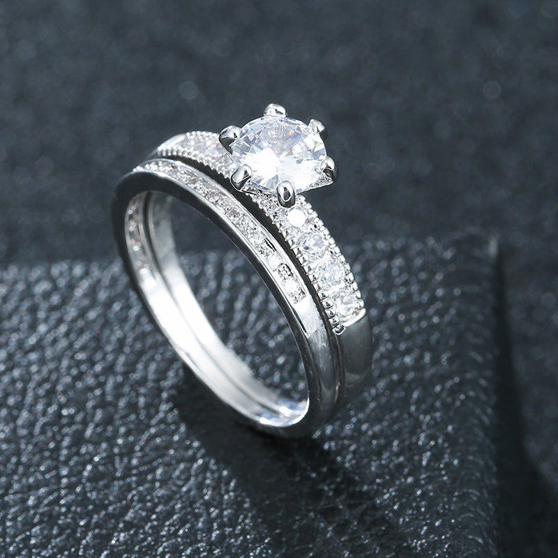 Geometric Couple Rings In Simple Style, Copper With Golden Electroplated Finish And Zircon Inlay