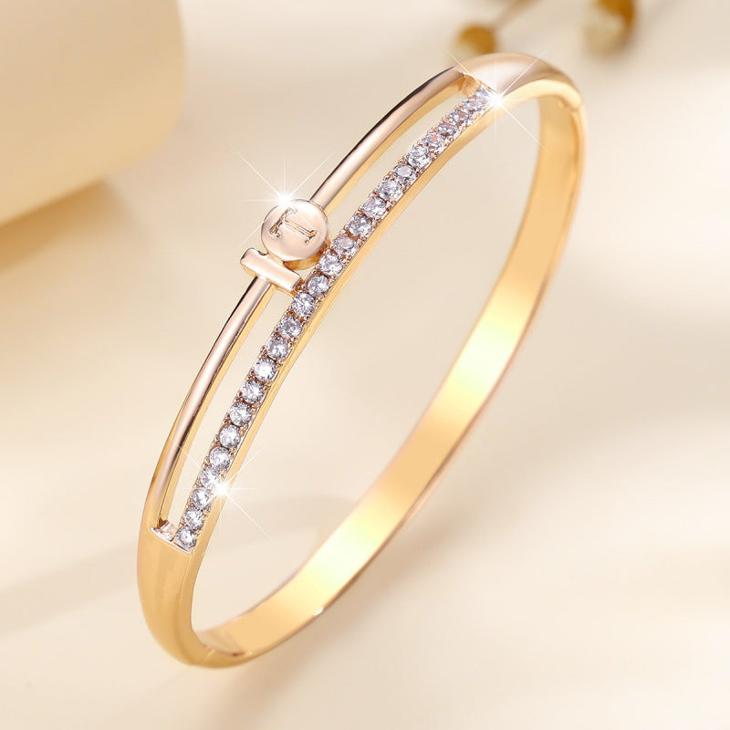 Copper Inlay Zircon Bracelet Bangle In Gold Color Featuring Elegant Design