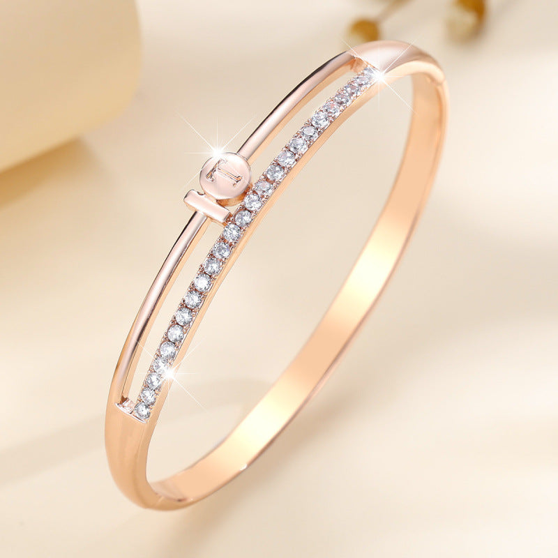 Copper Inlay Zircon Bracelet Bangle In Gold Color Featuring Elegant Design