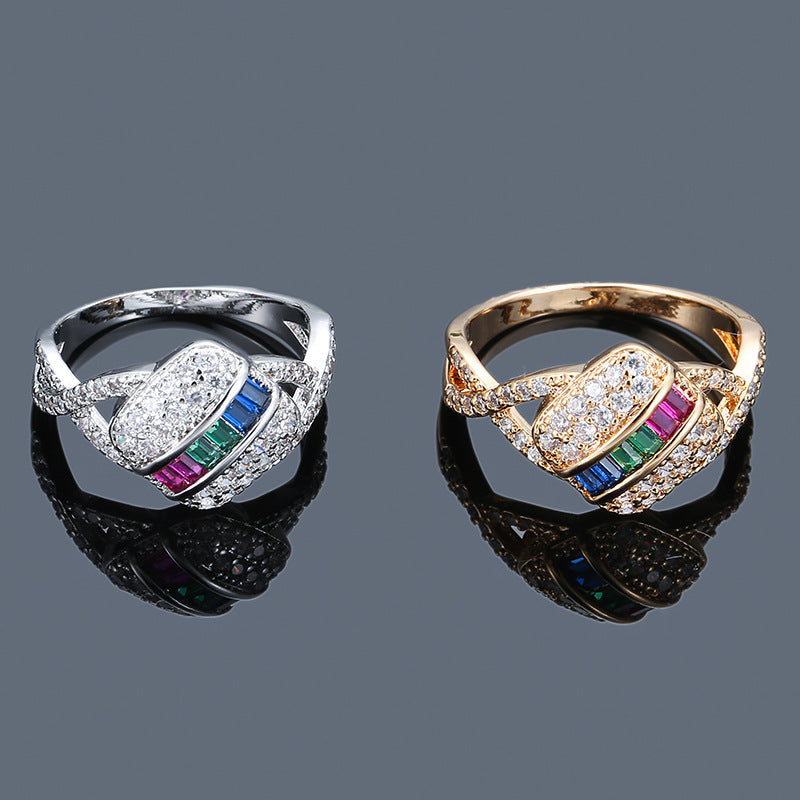 Simple Style Geometric Rings For Women In Copper With Platinum Electroplated Finish And Zircon Inlay