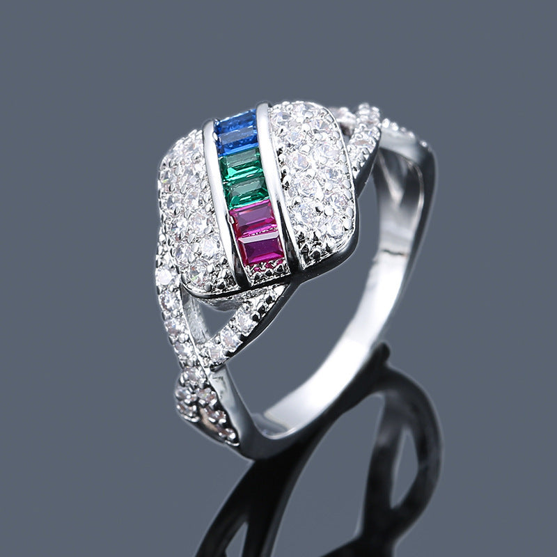 Simple Style Geometric Rings For Women In Copper With Platinum Electroplated Finish And Zircon Inlay