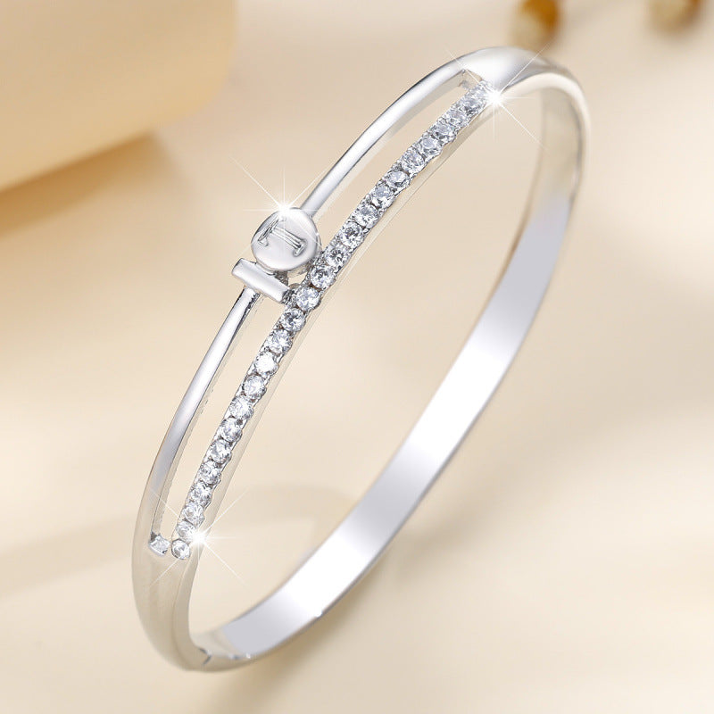 Copper Inlay Zircon Bracelet Bangle In Gold Color Featuring Elegant Design