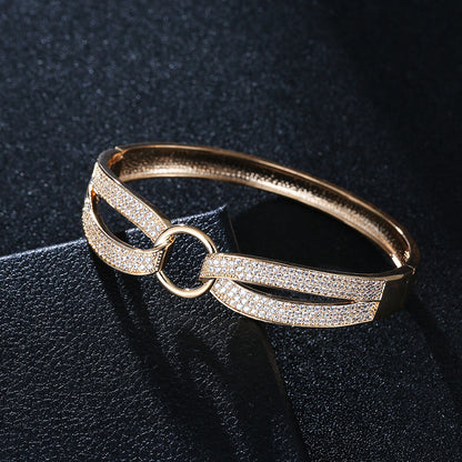 Simple Style Copper Bangle With Electroplated Gold Plating And Zircon Inlay Featuring Elegant Lines
