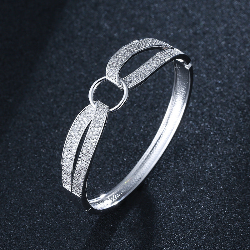 Simple Style Copper Bangle With Electroplated Gold Plating And Zircon Inlay Featuring Elegant Lines