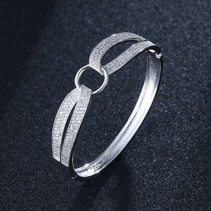 Simple Style Copper Bangle With Electroplated Gold Plating And Zircon Inlay Featuring Elegant Lines