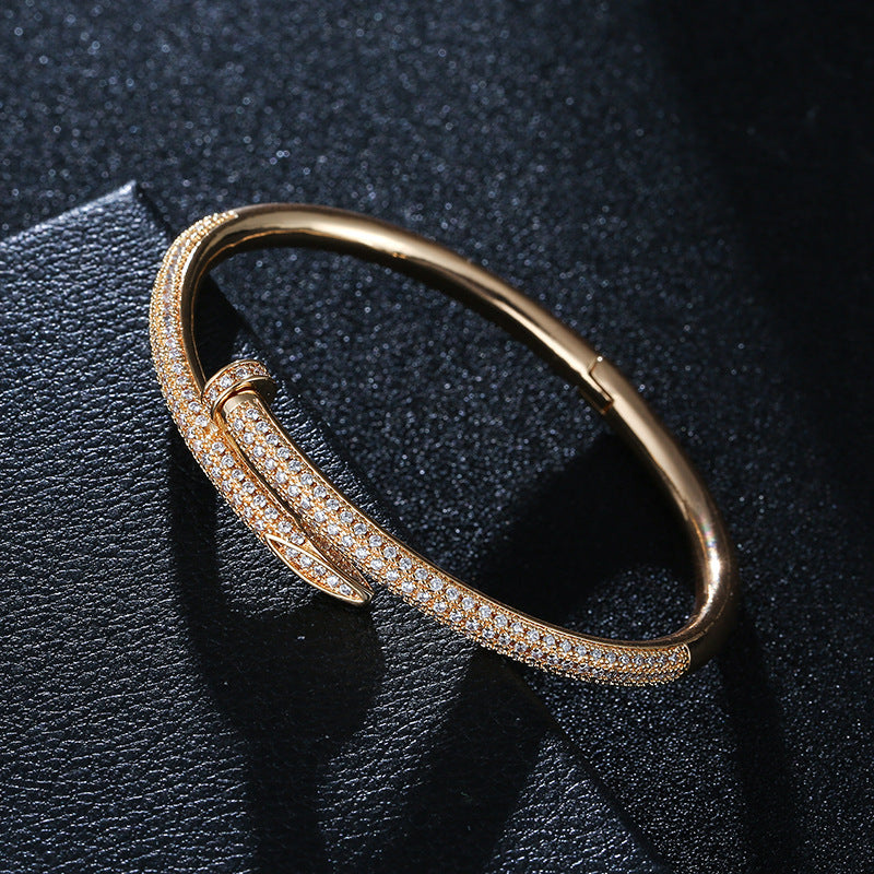 Simple Style Copper Bangle With Electroplated Gold Plating And Zircon Inlay Featuring Elegant Lines