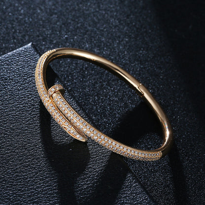 Simple Style Copper Bangle With Electroplated Gold Plating And Zircon Inlay Featuring Elegant Lines