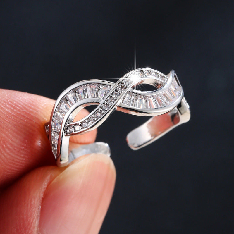 Women’s Open Rings With Lines Pattern, Electroplated Gold Plated Copper Featuring Zircon Inlay