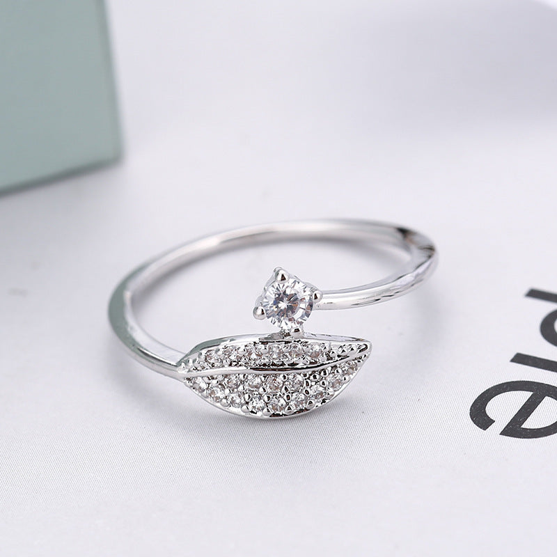 Simple Style Leaves Ring For Women In Electroplated Copper With Rhinestone Inlay