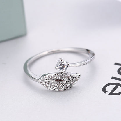 Simple Style Leaves Ring For Women In Electroplated Copper With Rhinestone Inlay