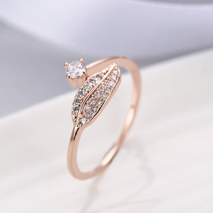 Simple Style Leaves Ring For Women In Electroplated Copper With Rhinestone Inlay