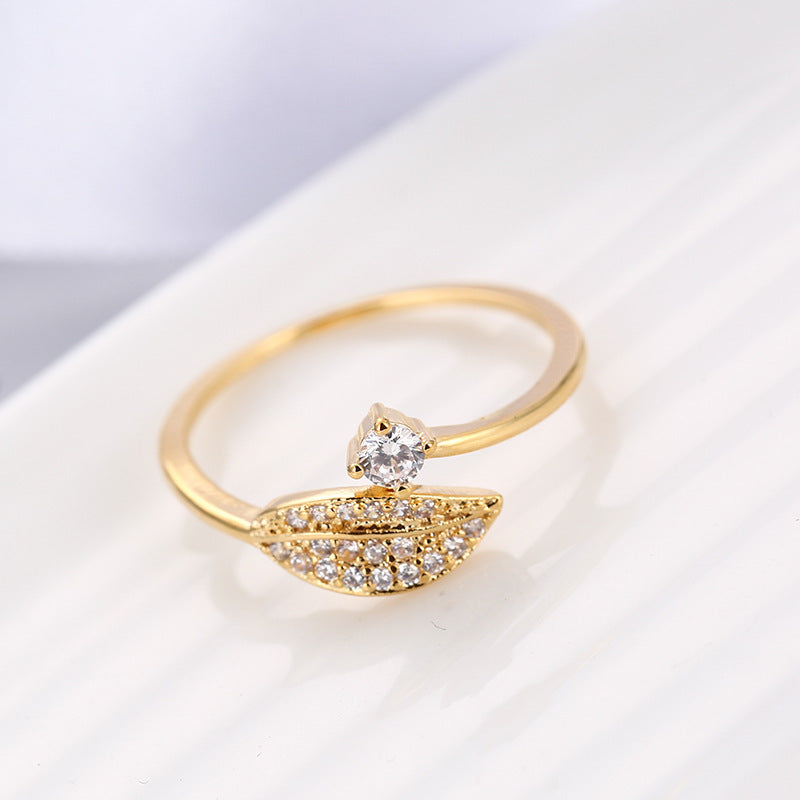 Simple Style Leaves Ring For Women In Electroplated Copper With Rhinestone Inlay