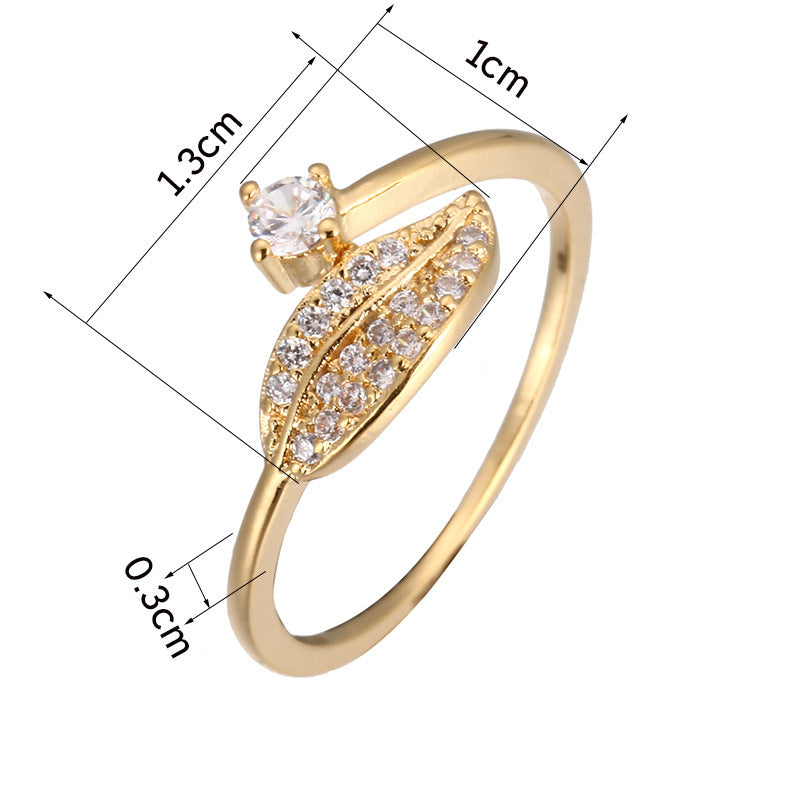 Simple Style Leaves Ring For Women In Electroplated Copper With Rhinestone Inlay