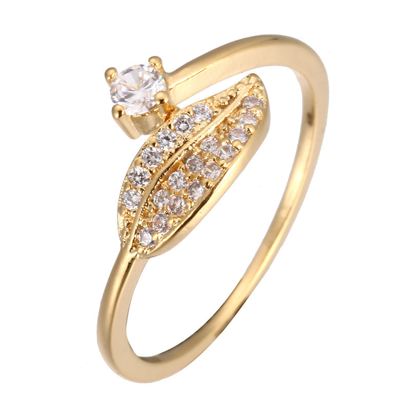 Simple Style Leaves Ring For Women In Electroplated Copper With Rhinestone Inlay