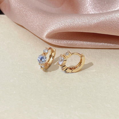 Sweet Round Copper Earrings For Women With Zircon Inlay In Gold Tone
