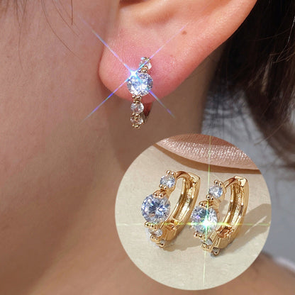 Sweet Round Copper Earrings For Women With Zircon Inlay In Gold Tone