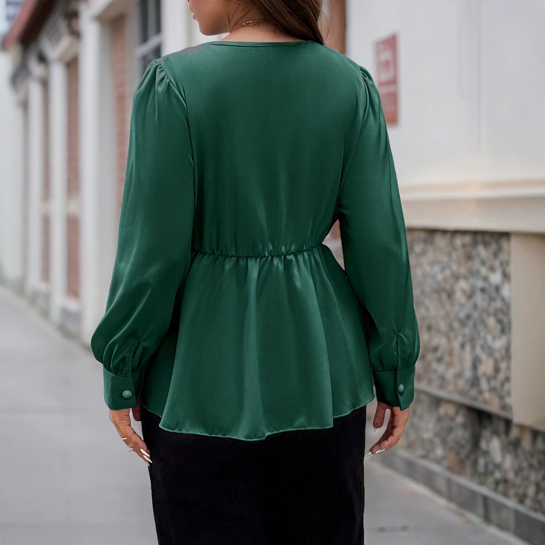 Solid Color Commute T-shirt For Women In Green, Made Of Polyester Featuring Folds Design, Available In Plus Size