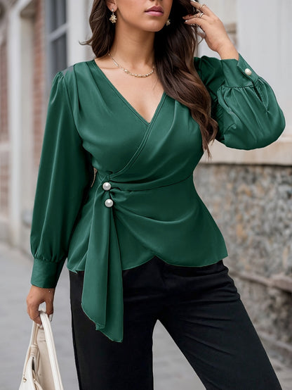 Solid Color Commute T-shirt For Women In Green, Made Of Polyester Featuring Folds Design, Available In Plus Size