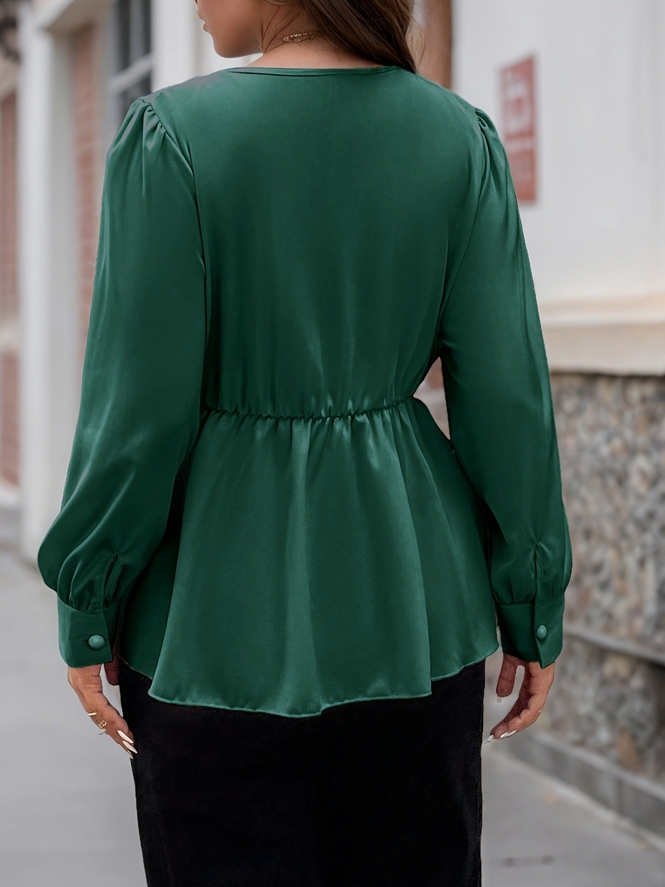Solid Color Commute T-shirt For Women In Green, Made Of Polyester Featuring Folds Design, Available In Plus Size