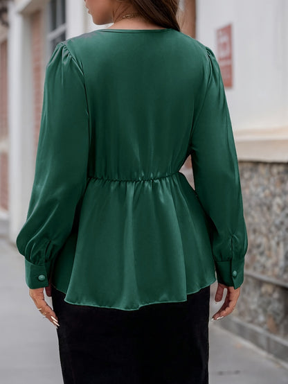 Solid Color Commute T-shirt For Women In Green, Made Of Polyester Featuring Folds Design, Available In Plus Size