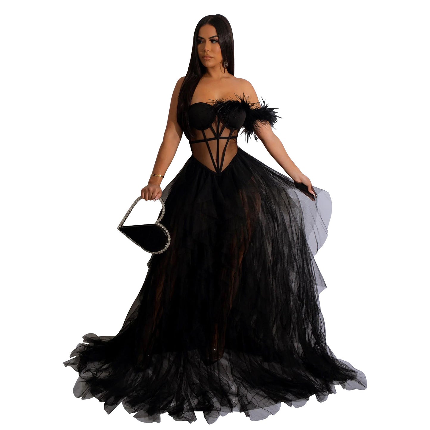 Elegant Solid Color Sleeveless Mesh Dress With Tube Bra Neckline For Banquet, Made Of Polyester