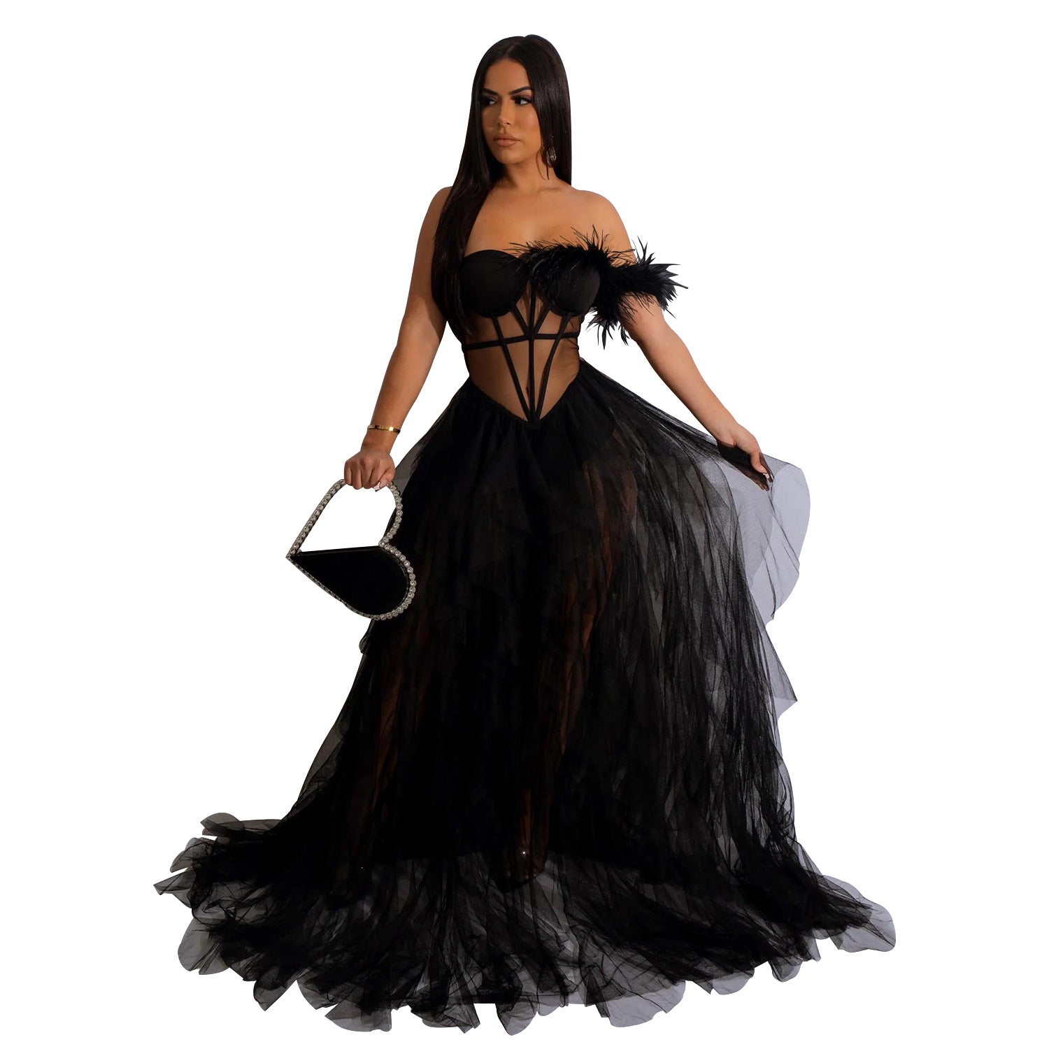 Elegant Solid Color Sleeveless Mesh Dress With Tube Bra Neckline For Banquet, Made Of Polyester
