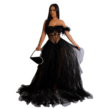 Elegant Solid Color Sleeveless Mesh Dress With Tube Bra Neckline For Banquet, Made Of Polyester