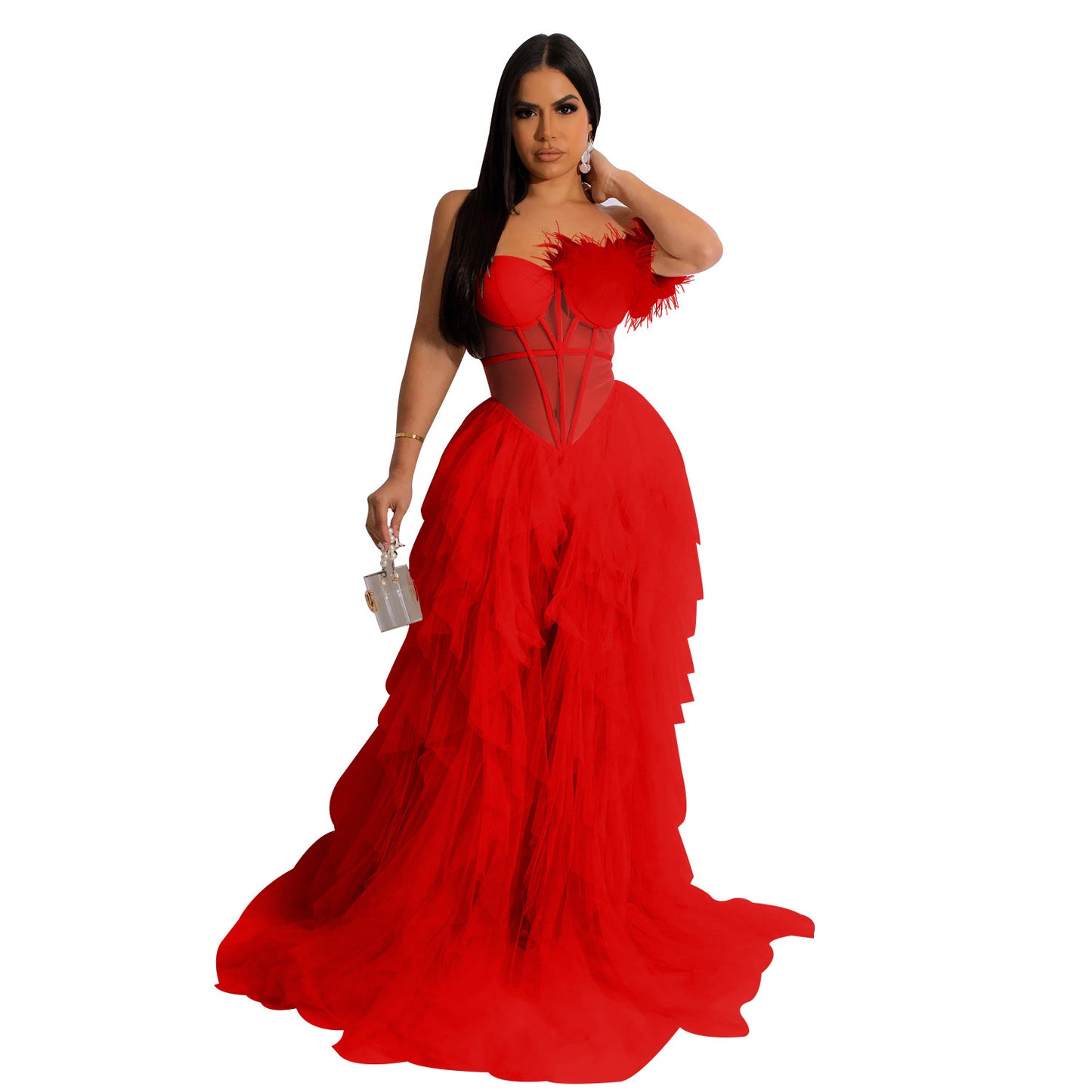 Elegant Solid Color Sleeveless Mesh Dress With Tube Bra Neckline For Banquet, Made Of Polyester