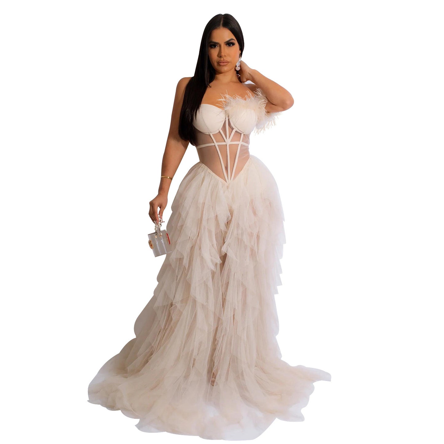 Elegant Solid Color Sleeveless Mesh Dress With Tube Bra Neckline For Banquet, Made Of Polyester