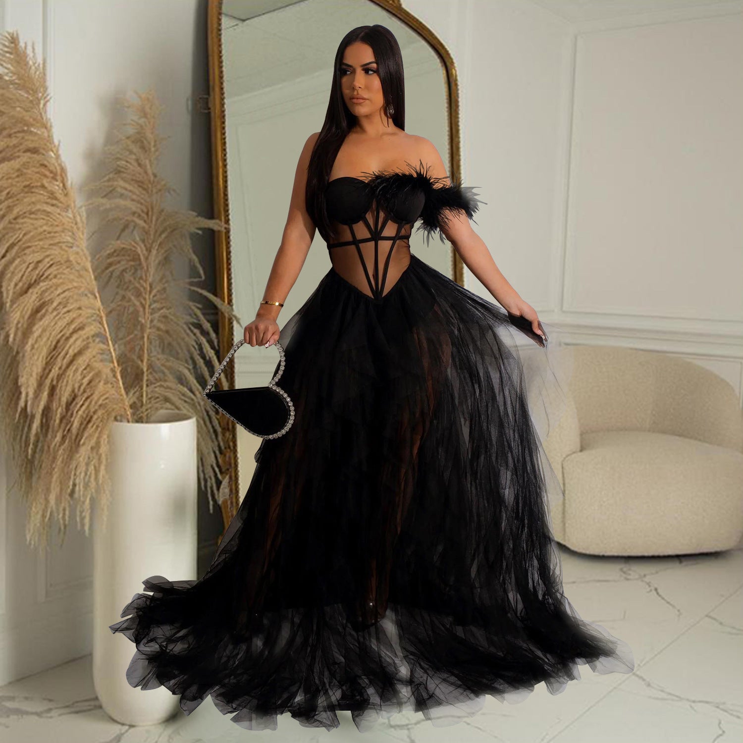Elegant Solid Color Sleeveless Mesh Dress With Tube Bra Neckline For Banquet, Made Of Polyester