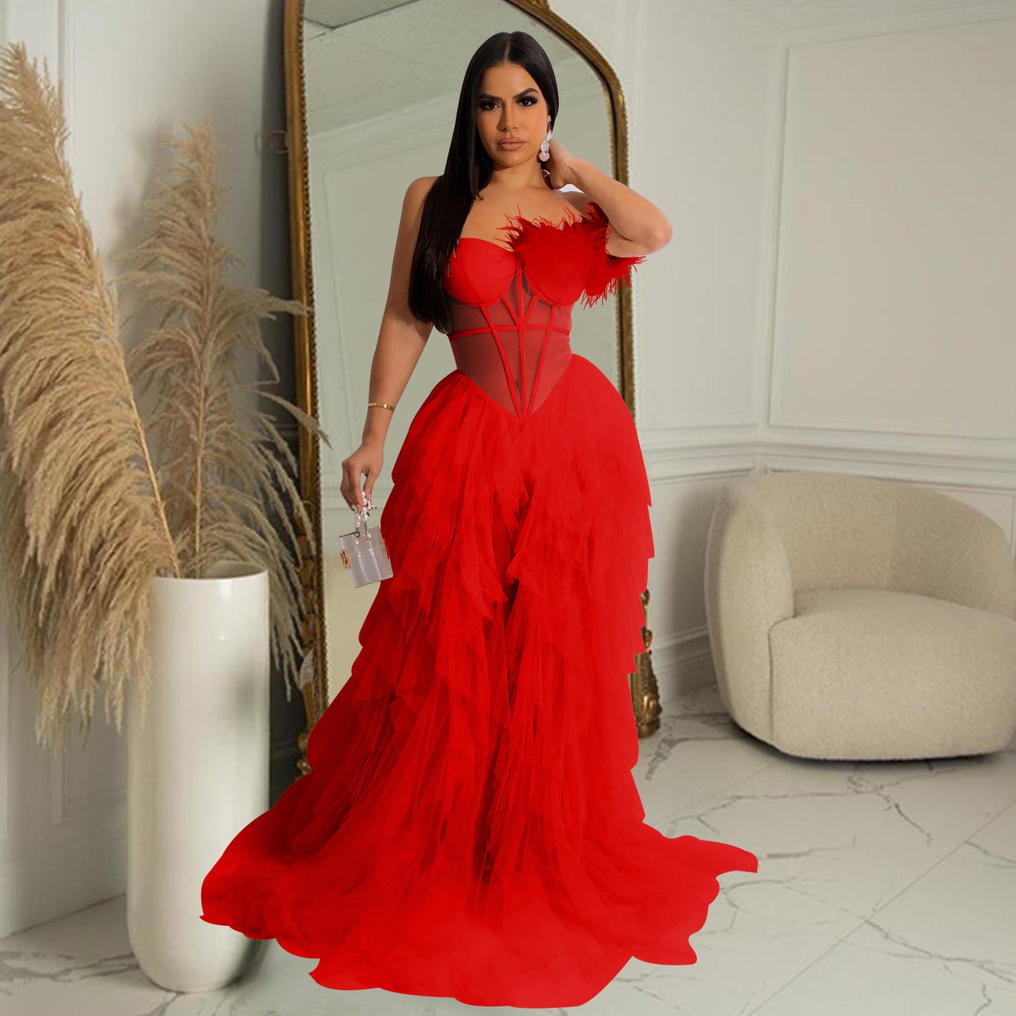Elegant Solid Color Sleeveless Mesh Dress With Tube Bra Neckline For Banquet, Made Of Polyester