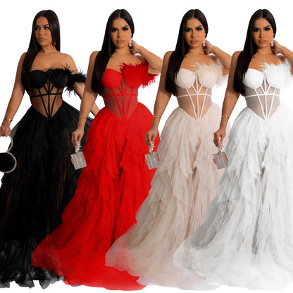 Elegant Solid Color Sleeveless Mesh Dress With Tube Bra Neckline For Banquet, Made Of Polyester