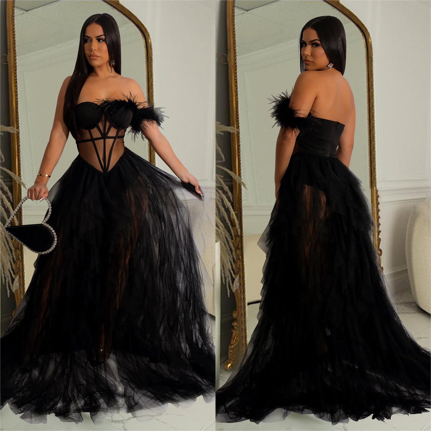 Elegant Solid Color Sleeveless Mesh Dress With Tube Bra Neckline For Banquet, Made Of Polyester