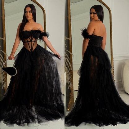 Elegant Solid Color Sleeveless Mesh Dress With Tube Bra Neckline For Banquet, Made Of Polyester