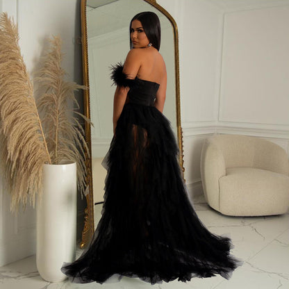 Elegant Solid Color Sleeveless Mesh Dress With Tube Bra Neckline For Banquet, Made Of Polyester