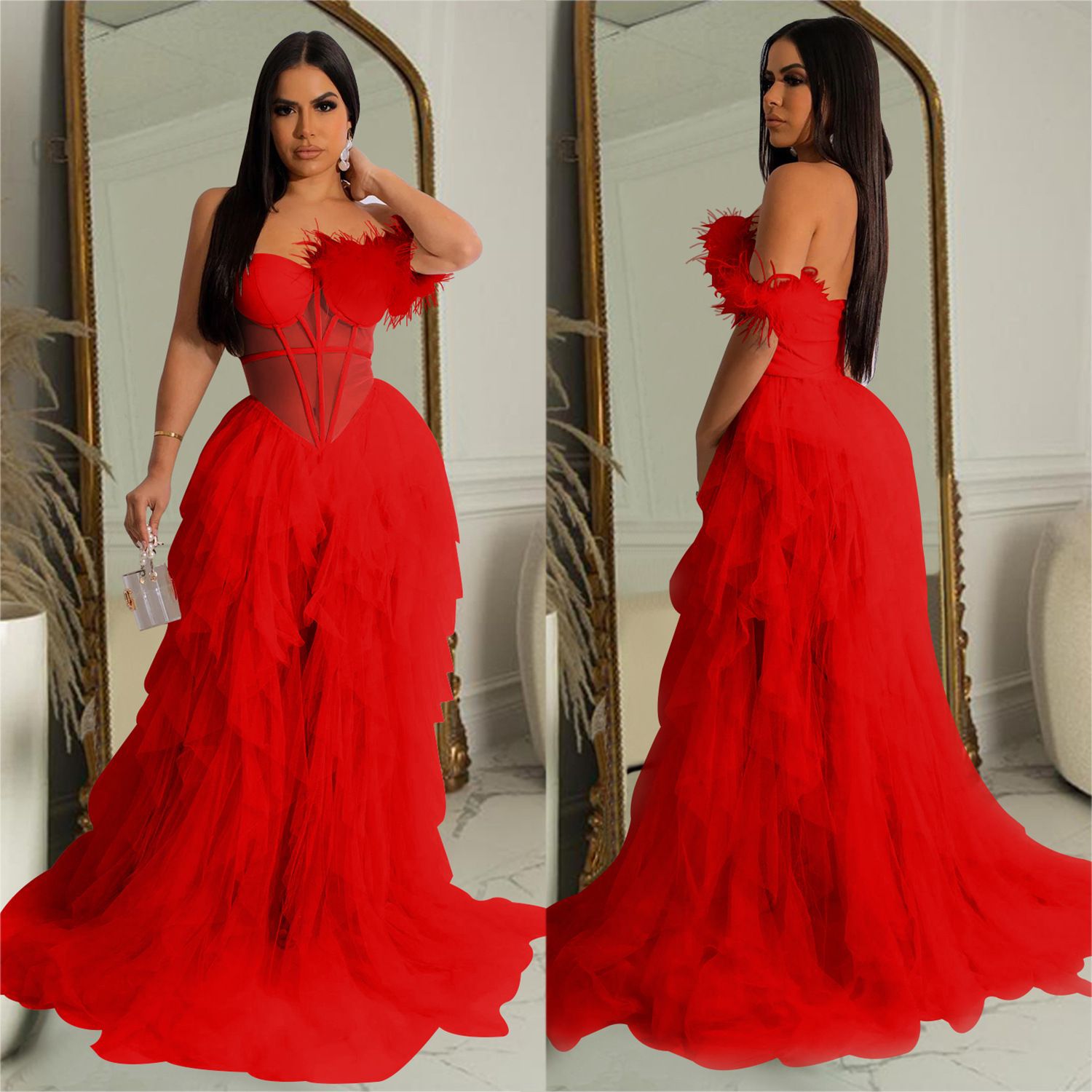 Elegant Solid Color Sleeveless Mesh Dress With Tube Bra Neckline For Banquet, Made Of Polyester